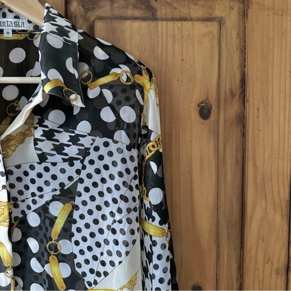 Vintage 90’s Button Up Shirt Polka Dots Gold Chains Black Yellow White - M - Picture 4 of 16